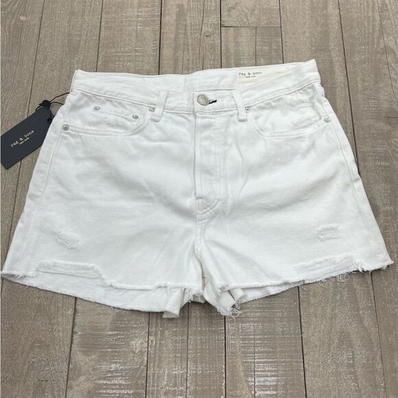 Rag & Bone Maya Distressed High-Rise Shorts In White - Picture 2 of 3